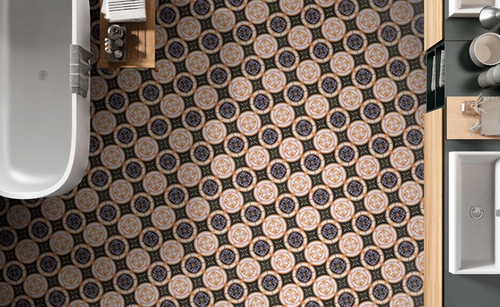 Piastrelle nere e arancioni da 250x250 mm per il bagno e piastrelle rustiche in ceramica per il soggiorno