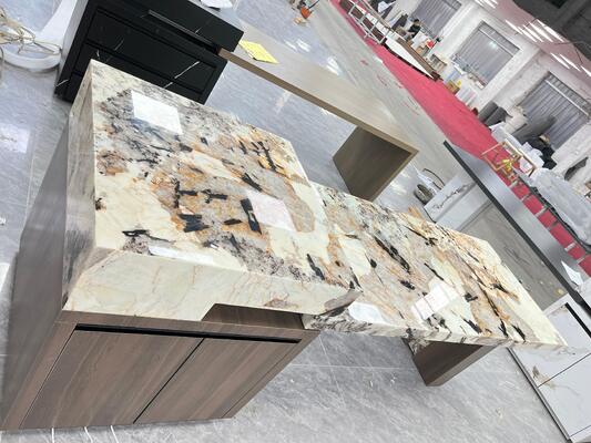 Lastre di marmo lucidato di lusso beige e verde, eleganti, a prova di umidità, splendide, decorative, resistenti all'usura, durevoli, ignifughe, antiscivolo, per bancone, isola e tavolo per hotel e bar, 2 stili